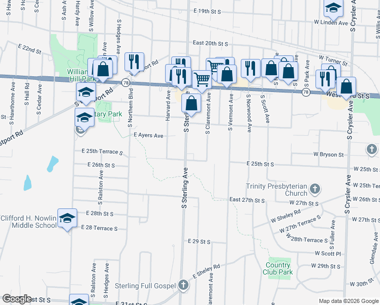 map of restaurants, bars, coffee shops, grocery stores, and more near 2431 South Sterling Avenue in Independence