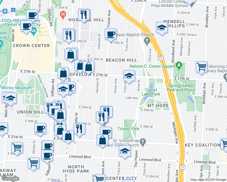 map of restaurants, bars, coffee shops, grocery stores, and more near 2735a Troost Avenue in Kansas City
