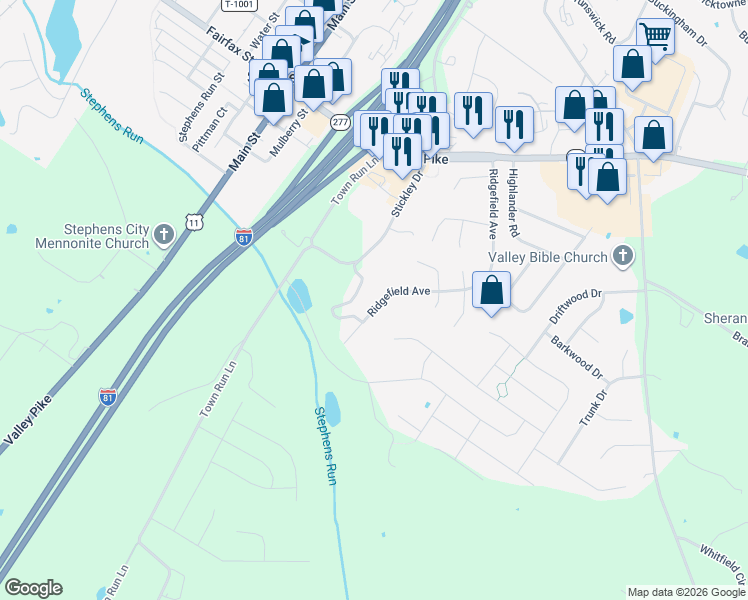 map of restaurants, bars, coffee shops, grocery stores, and more near 402 Ridgefield Avenue in Stephens City