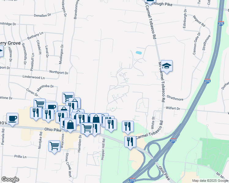 map of restaurants, bars, coffee shops, grocery stores, and more near 4104 Fox Run Trail in Cincinnati