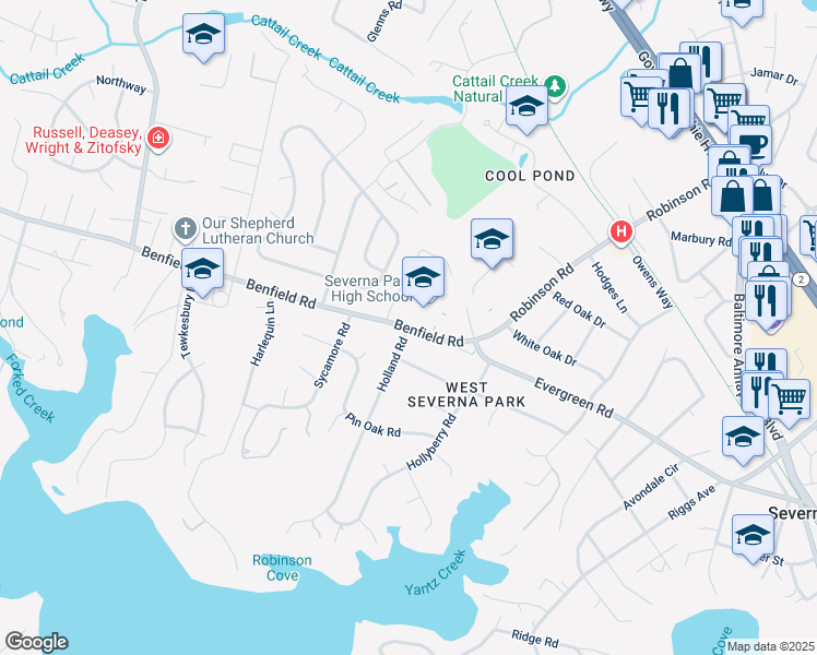 map of restaurants, bars, coffee shops, grocery stores, and more near 198 Benfield Road in Severna Park