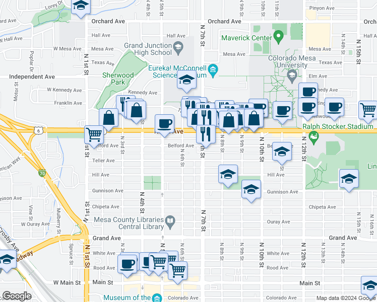 map of restaurants, bars, coffee shops, grocery stores, and more near 611 Belford Avenue in Grand Junction