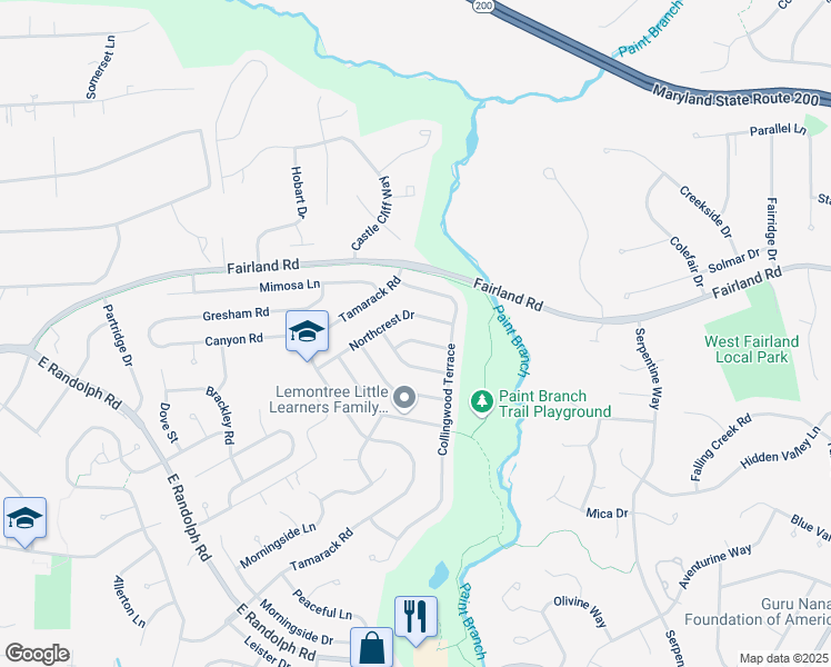 map of restaurants, bars, coffee shops, grocery stores, and more near 1606 Peacock Lane in Silver Spring