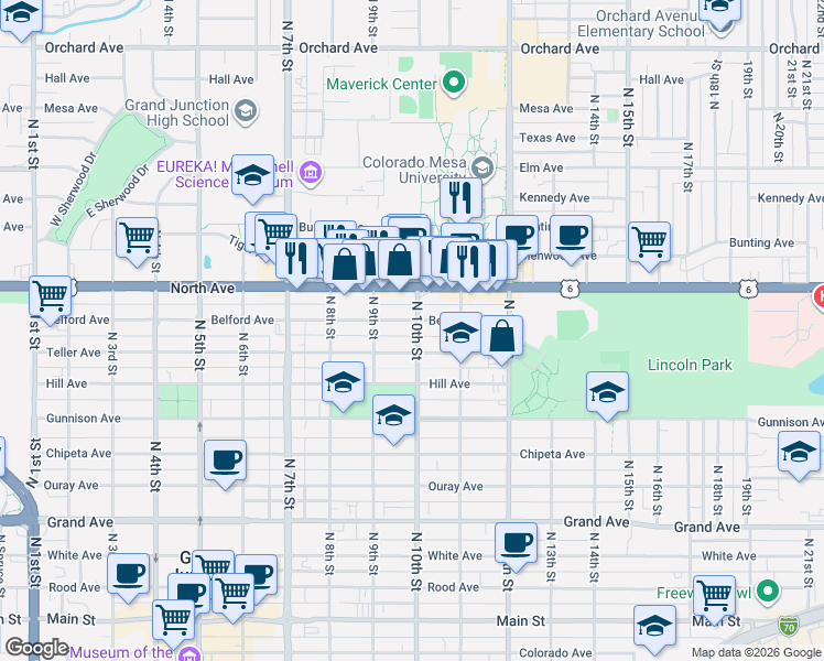 map of restaurants, bars, coffee shops, grocery stores, and more near 960 Belford Avenue in Grand Junction