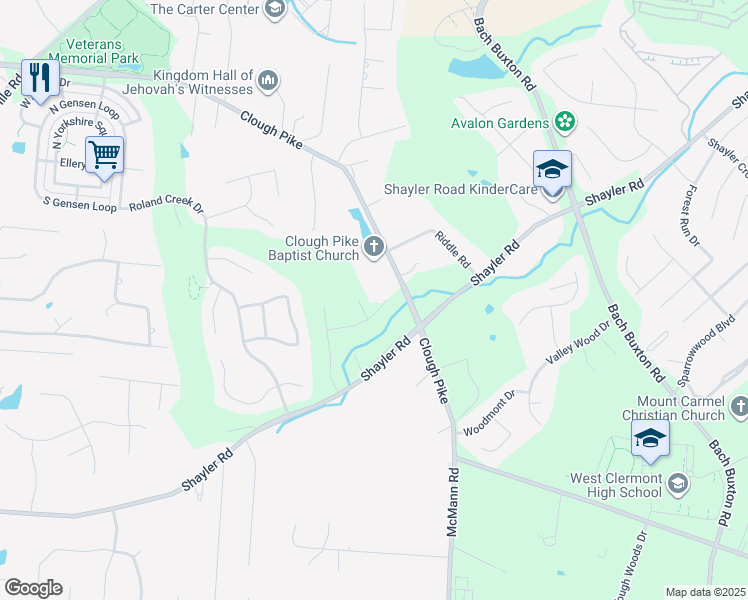map of restaurants, bars, coffee shops, grocery stores, and more near 1031 Clough Pike in Cincinnati