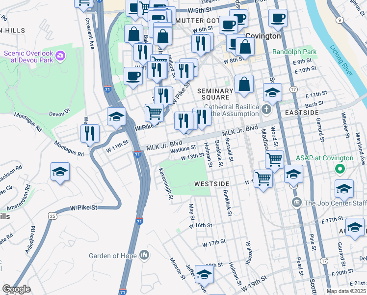 map of restaurants, bars, coffee shops, grocery stores, and more near 408 Watkins Street in Covington