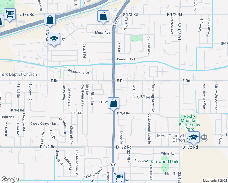 map of restaurants, bars, coffee shops, grocery stores, and more near 494 32 Road in Clifton