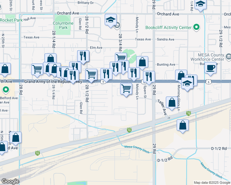 map of restaurants, bars, coffee shops, grocery stores, and more near 494 Harris Road in Grand Junction