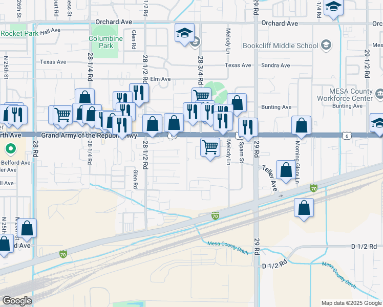 map of restaurants, bars, coffee shops, grocery stores, and more near 494 Harris Road in Grand Junction