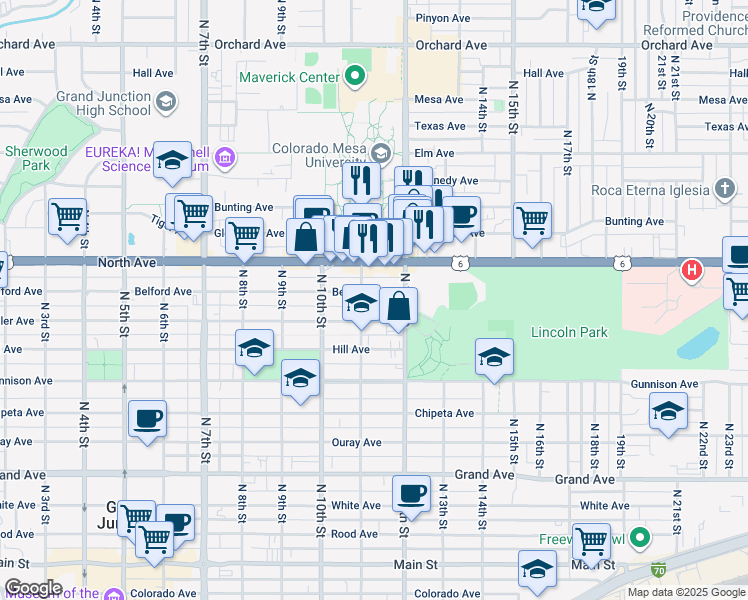 map of restaurants, bars, coffee shops, grocery stores, and more near 1130 Belford Avenue in Grand Junction