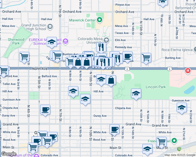 map of restaurants, bars, coffee shops, grocery stores, and more near 1036 Belford Avenue in Grand Junction