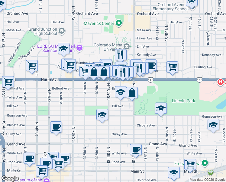 map of restaurants, bars, coffee shops, grocery stores, and more near 1036 Belford Avenue in Grand Junction