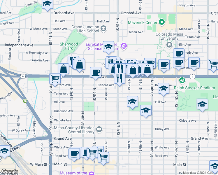 map of restaurants, bars, coffee shops, grocery stores, and more near 602 Belford Avenue in Grand Junction