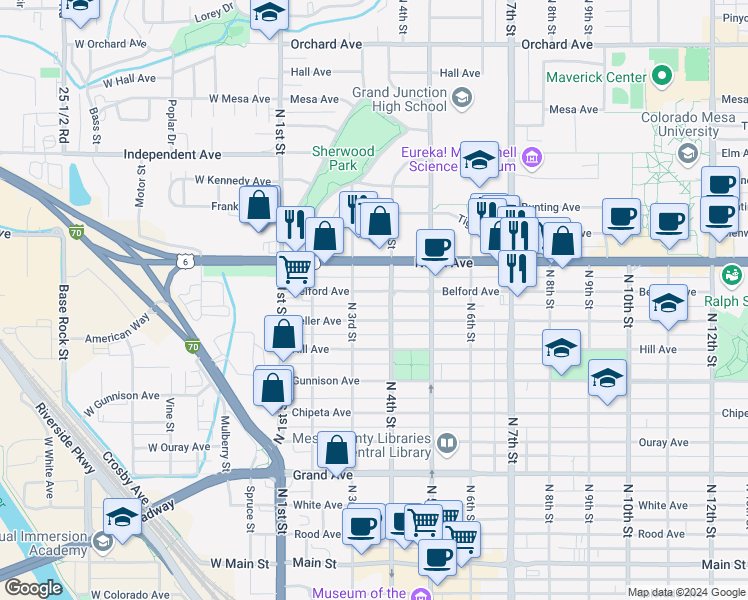 map of restaurants, bars, coffee shops, grocery stores, and more near 336 Belford Avenue in Grand Junction