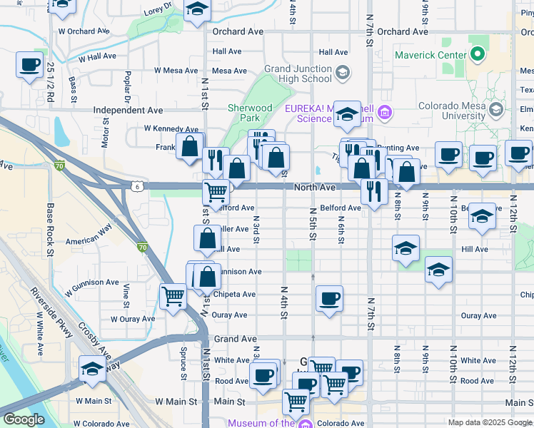 map of restaurants, bars, coffee shops, grocery stores, and more near 336 Belford Avenue in Grand Junction