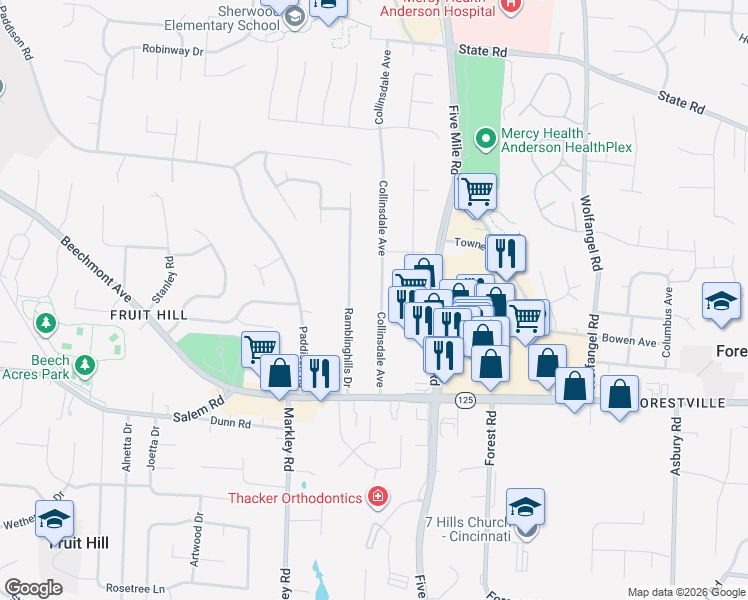 map of restaurants, bars, coffee shops, grocery stores, and more near 1360 Collinsdale Avenue in Cincinnati