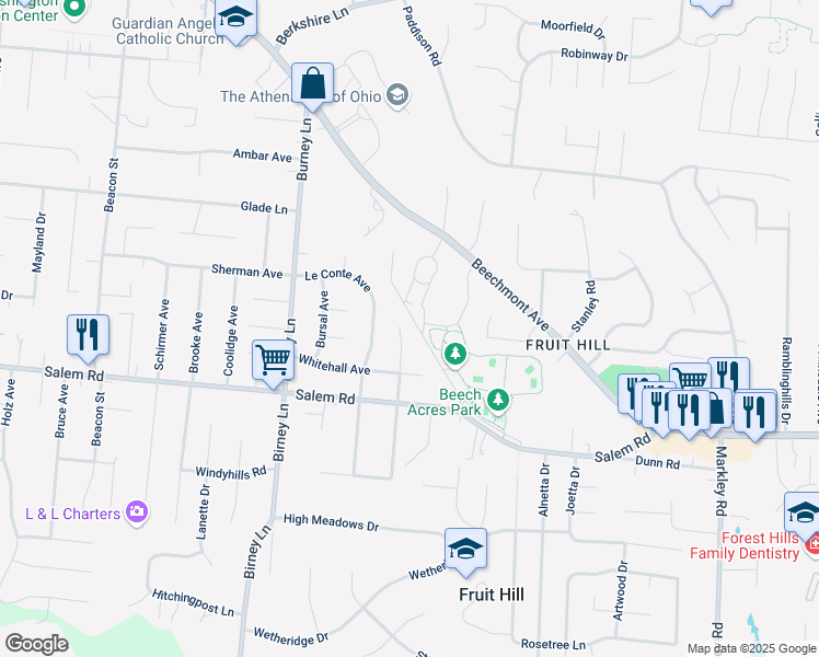 map of restaurants, bars, coffee shops, grocery stores, and more near 1266 Ayershire Avenue in Cincinnati
