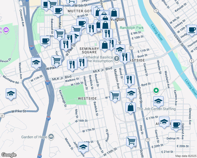 map of restaurants, bars, coffee shops, grocery stores, and more near 1220 Russell Street in Covington