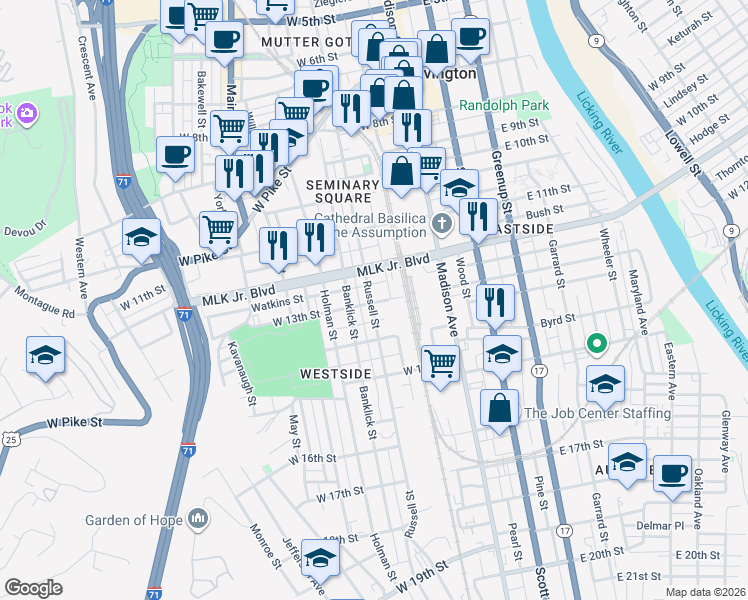 map of restaurants, bars, coffee shops, grocery stores, and more near 1220 Russell Street in Covington