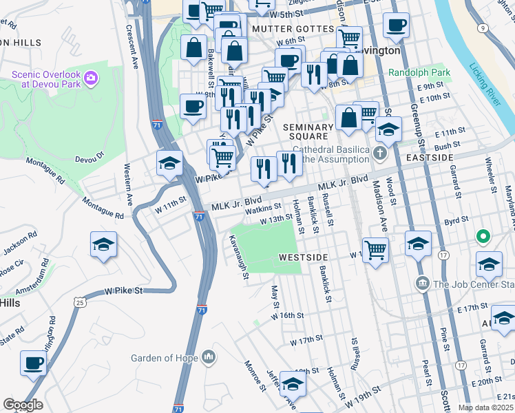map of restaurants, bars, coffee shops, grocery stores, and more near 416 West 12th Street in Covington