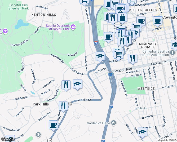 map of restaurants, bars, coffee shops, grocery stores, and more near 727 Lewis Street in Covington