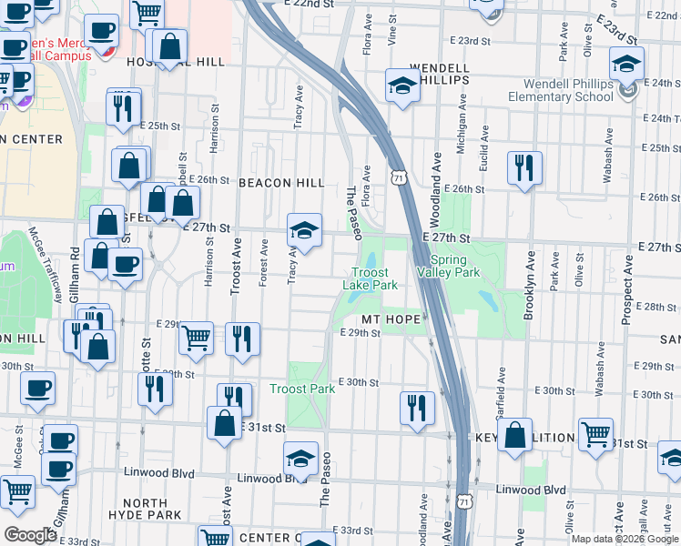 map of restaurants, bars, coffee shops, grocery stores, and more near 2727 Grove Street in Kansas City