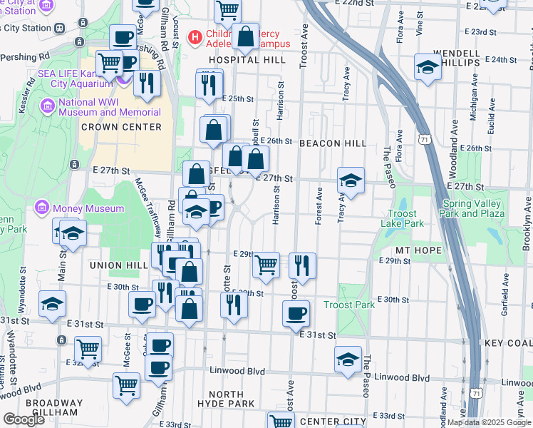 map of restaurants, bars, coffee shops, grocery stores, and more near 2729 Campbell Street in Kansas City