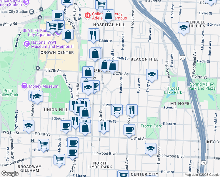 map of restaurants, bars, coffee shops, grocery stores, and more near 2729 Campbell Street in Kansas City