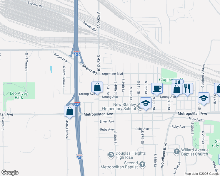 map of restaurants, bars, coffee shops, grocery stores, and more near 1231 South 41 Street in Kansas City
