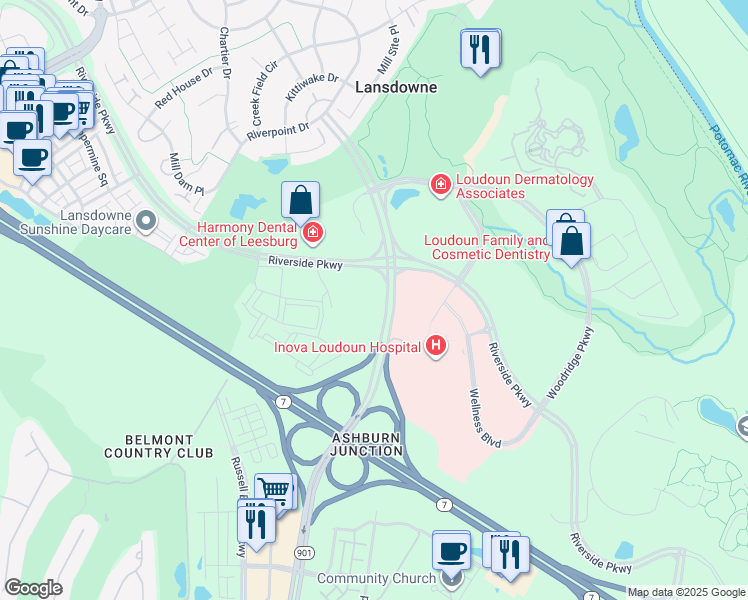 map of restaurants, bars, coffee shops, grocery stores, and more near 19500 Sandridge Way in Leesburg