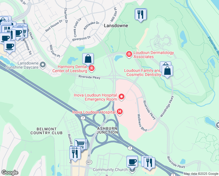 map of restaurants, bars, coffee shops, grocery stores, and more near 19500 Sandridge Way in Leesburg