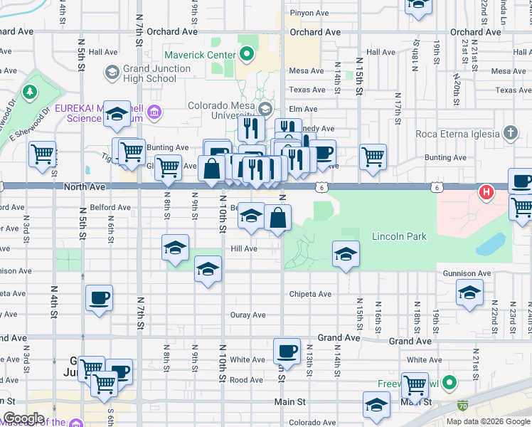 map of restaurants, bars, coffee shops, grocery stores, and more near 1125 Belford Avenue in Grand Junction