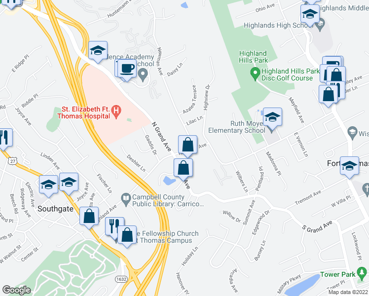 map of restaurants, bars, coffee shops, grocery stores, and more near 645 Highland Avenue in Fort Thomas