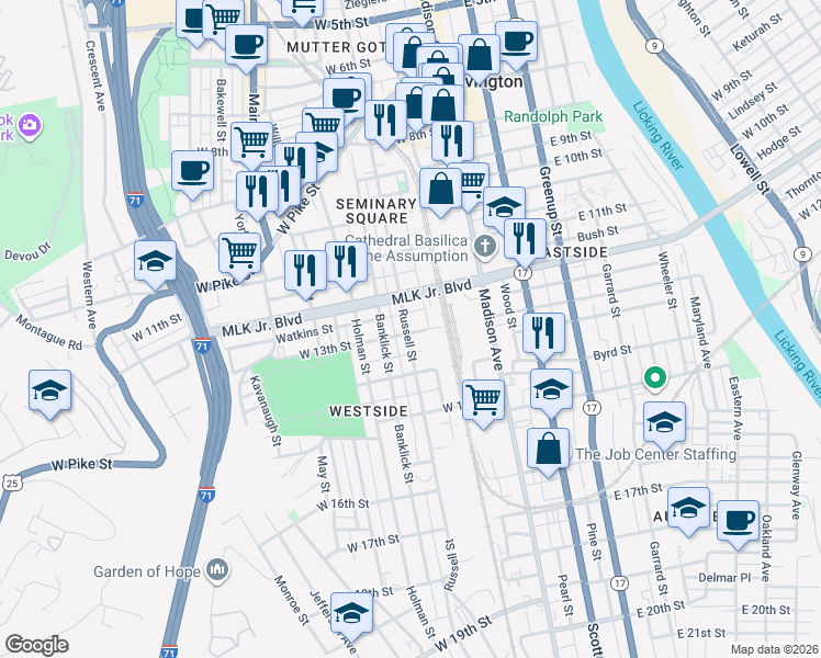 map of restaurants, bars, coffee shops, grocery stores, and more near 1220 Russell Street in Covington