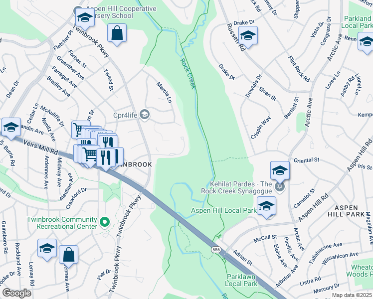 map of restaurants, bars, coffee shops, grocery stores, and more near 535 Meadow Hall Drive in Rockville
