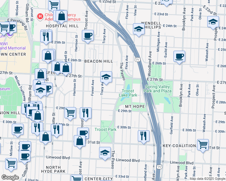 map of restaurants, bars, coffee shops, grocery stores, and more near 1326 East 28th Street in Kansas City