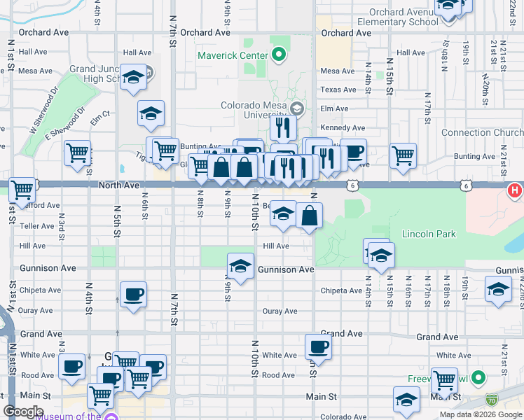 map of restaurants, bars, coffee shops, grocery stores, and more near 1036 Belford Avenue in Grand Junction