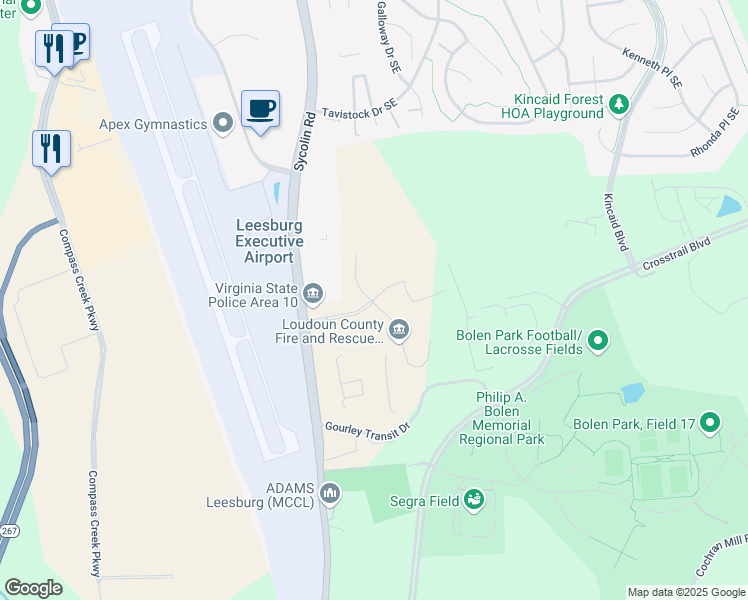 map of restaurants, bars, coffee shops, grocery stores, and more near Loudoun Center Place in Leesburg