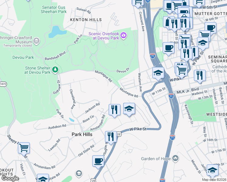 map of restaurants, bars, coffee shops, grocery stores, and more near 1027 Montague Road in Park Hills