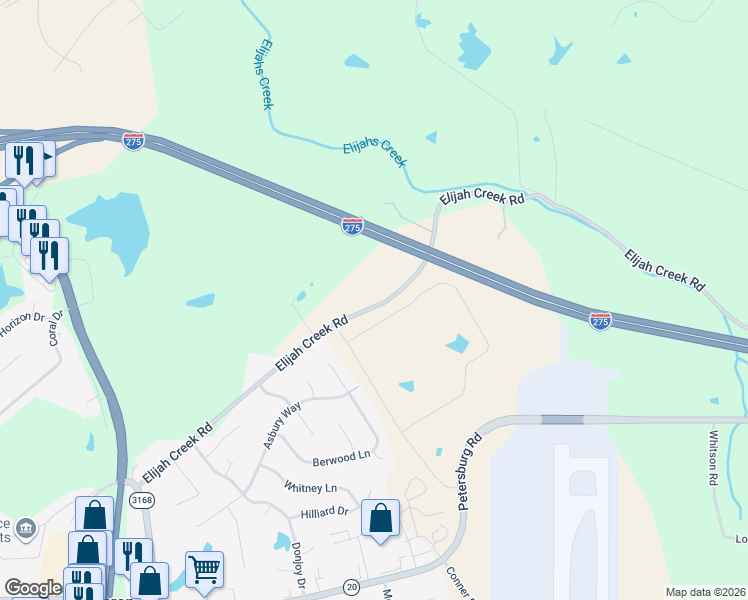 map of restaurants, bars, coffee shops, grocery stores, and more near 1601-1669 Elijah Creek Road in Hebron
