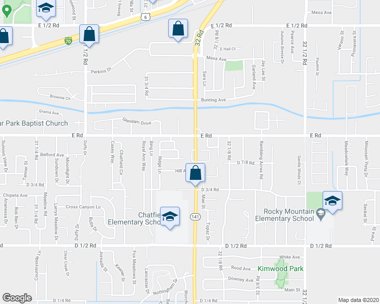 map of restaurants, bars, coffee shops, grocery stores, and more near 492 1/2 Mountain Drive in Grand Junction