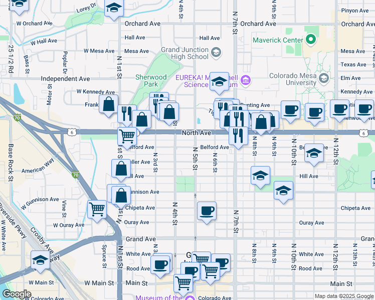 map of restaurants, bars, coffee shops, grocery stores, and more near 422 Belford Avenue in Grand Junction
