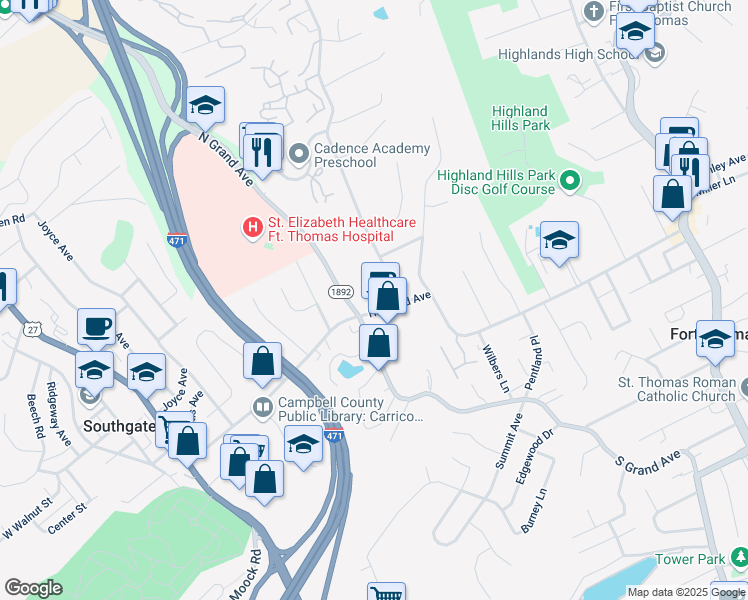 map of restaurants, bars, coffee shops, grocery stores, and more near in Fort Thomas