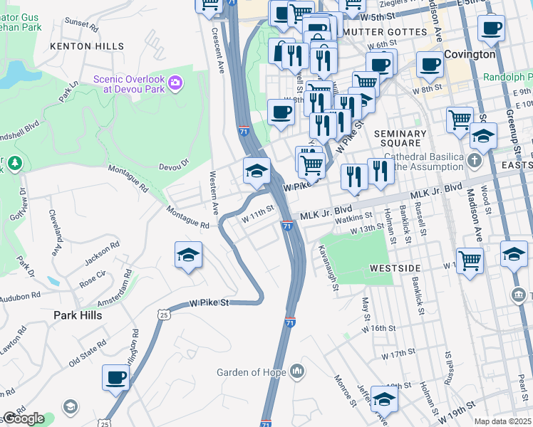 map of restaurants, bars, coffee shops, grocery stores, and more near 608 West 11th Street in Covington