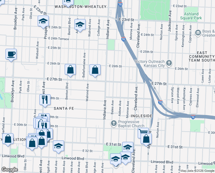 map of restaurants, bars, coffee shops, grocery stores, and more near 2706 Indiana Avenue in Kansas City