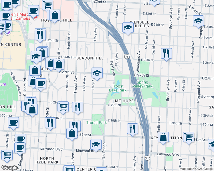 map of restaurants, bars, coffee shops, grocery stores, and more near 2727 Grove Street in Kansas City