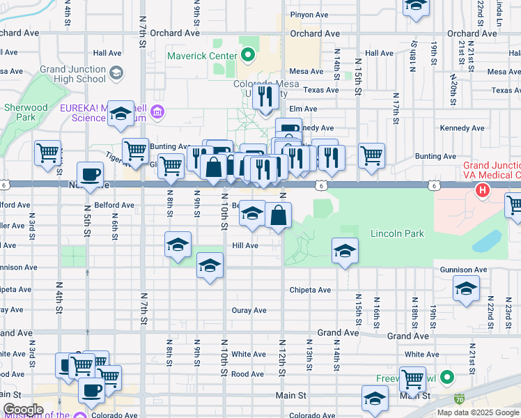 map of restaurants, bars, coffee shops, grocery stores, and more near 1115 Belford Avenue in Grand Junction