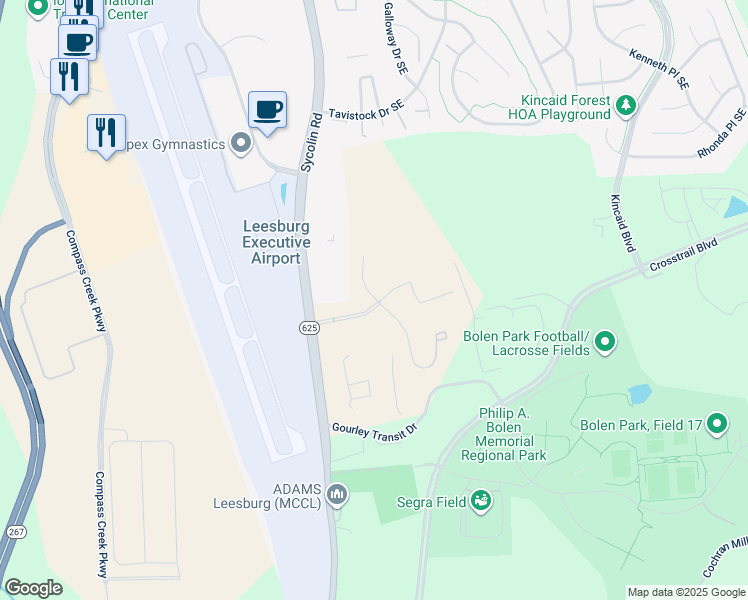 map of restaurants, bars, coffee shops, grocery stores, and more near 16501 Meadowview Court in Leesburg