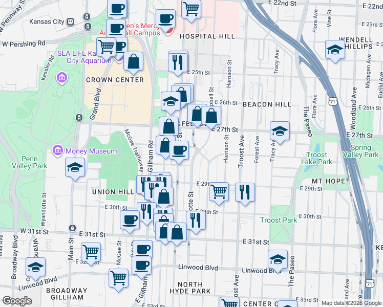 map of restaurants, bars, coffee shops, grocery stores, and more near 2732 Charlotte Street in Kansas City