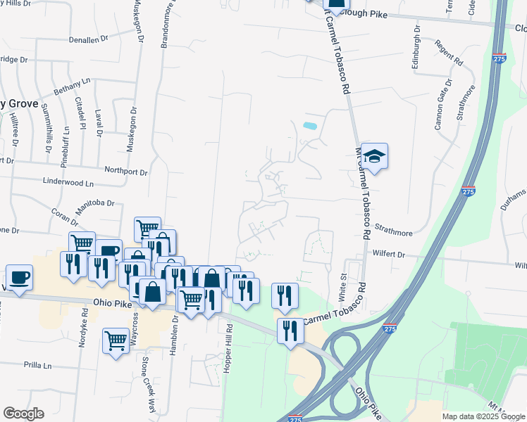 map of restaurants, bars, coffee shops, grocery stores, and more near 4104 Fox Run Trail in Cincinnati